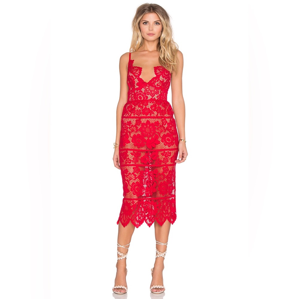 For Love and Lemons Gianna Midi Dress in Red Lace.